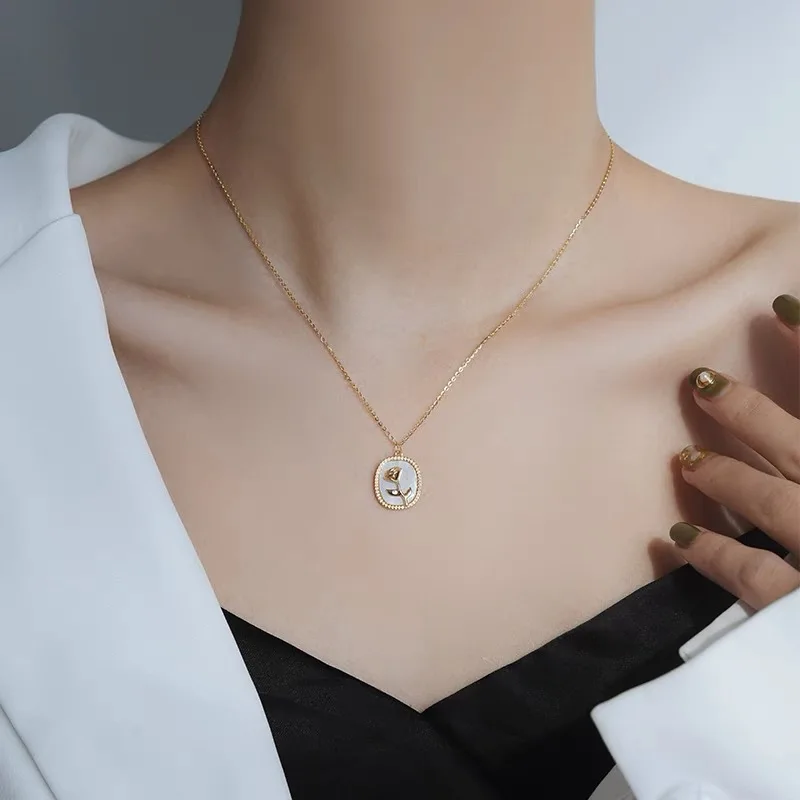 

French Titanium Steel Rose Pendant Necklace Natural White Shell Women Collar Chain Versatile Anniversary Gift Jewelry
