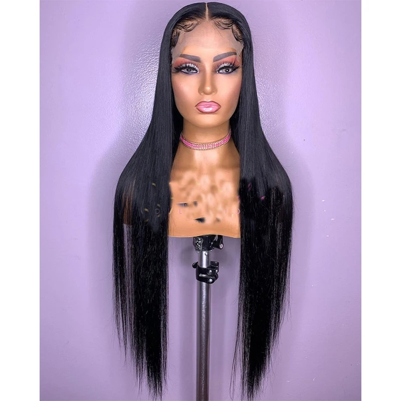 Brasileiro de Seda em Linha Dianteira do Laço para as Mulheres com Cabelo do Bebê Polegada Densidade Natural Preto Pré Arrancado Reta Macio Peruca Perucas Diárias 26 180%