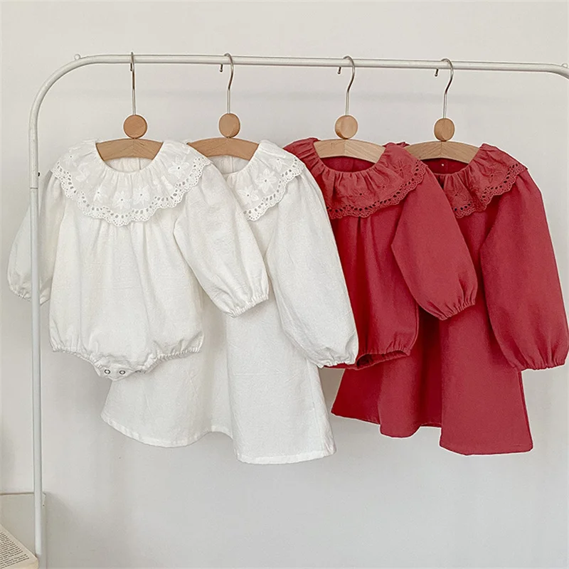 

Baby Twin Clothes 2023 Kid Girl Spring Dresses Clothes Sets Baby Girls Plain Cotton Jumpsuit Twinset Casual Loose Dress Bodysuit