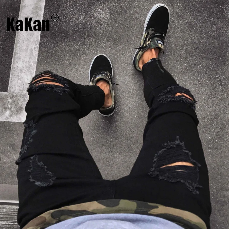 Kakan - Hot Sale of New Black Ripped Stretch Zipper Jeans, Slim Men's Small Leg Pants, Long Solid Jeans K016-1010