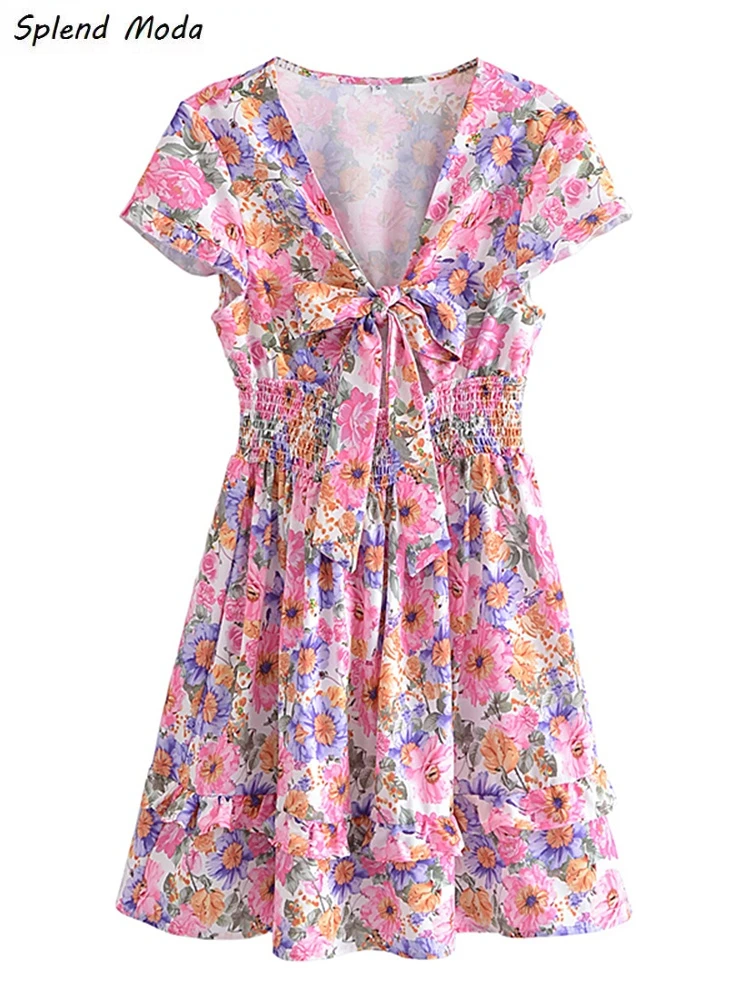 

Splend Moda French Vintage 2022 Summer New Fashion Cottagecore Folds V-Neck Lace-Up Short Sleeve Elastic Waist Women Dress