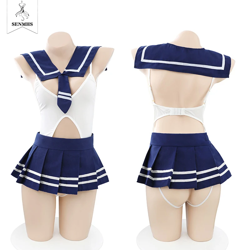 

SENMHS Sexy School Girls Sailor Blue&White Nostalgic College Style Student Uniform JK Underwear Exotic Sleepwear With Mini Skirt