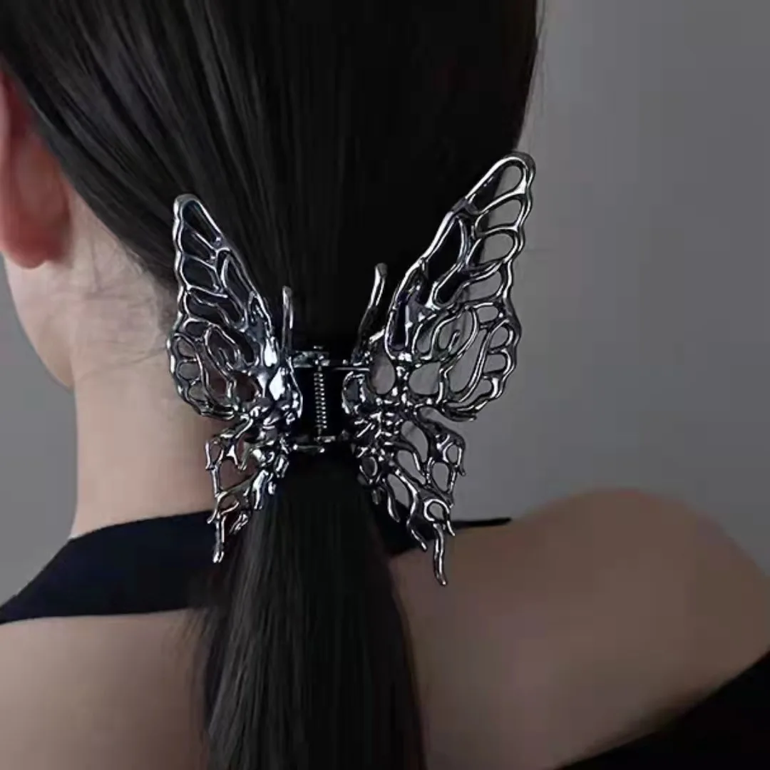 

New Metal Hollow Butterfly Hair Claw Crab Bright Silver Cross Geometric Hair Clip Fashion Women Girls Liquid Alloy Hairpins
