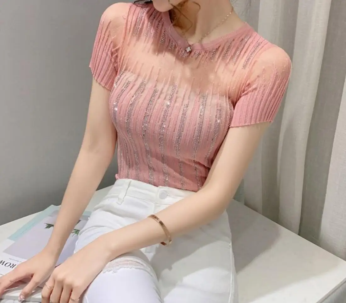 

Женская футболка с коротким рукавом, облегающая трикотажная футболка с вырезами и бриллиантами, модель Y2k в Корейском стиле на лето, 2023