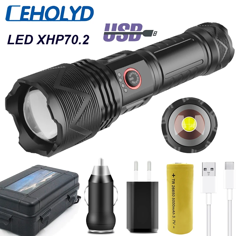 

500000LM Led Flashlight High Quality XHP70.2 Tactical Hunting Torch Usb Rechargeable Zoomable Aluminium Alloy Lantern 18650