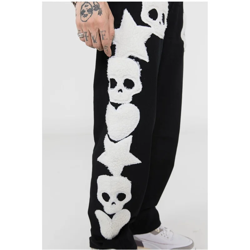 Men's Wear Autumn and Winter Loose Straight Cylinder Jeans Vintage Skeleton Towel Embroidery Comfortable Blue Trousers Female