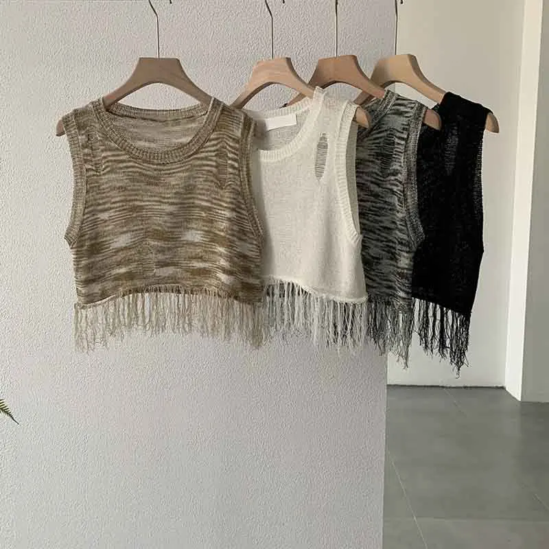 

Новый Трикотажный жилет без рукавов с круглым вырезом и бахромой