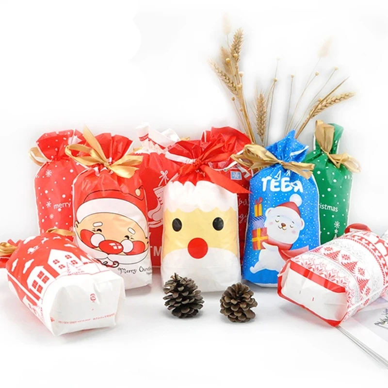 

50Pcs/lot Christmas Gift Bags Santa Claus Elk Candy Bag Xmas New Year Party Decoration Drawable Bags Packing Favors Cookie Bag