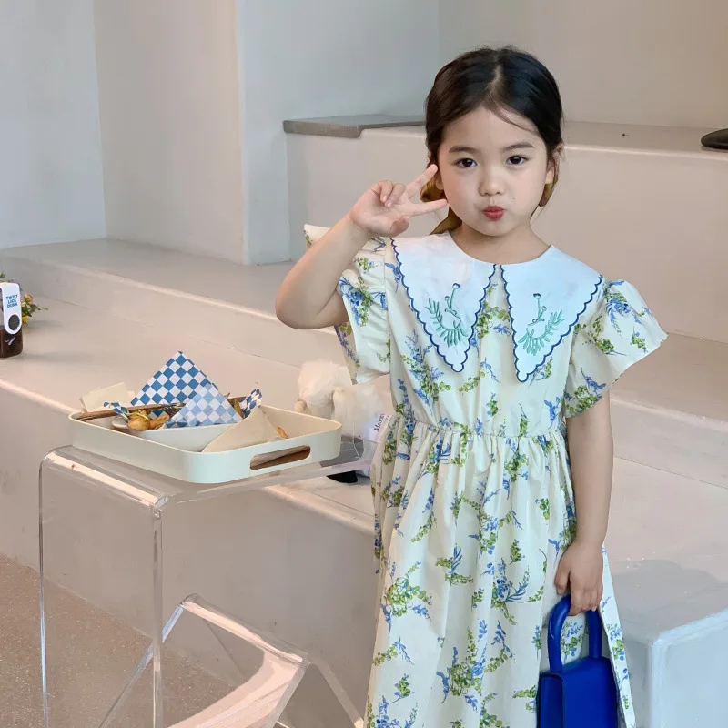 

Girls Dress Summer New Korean Retro Print Fashionable Embroidery Pointed Collar Loose Flying Sleeve Children's Princess Dress