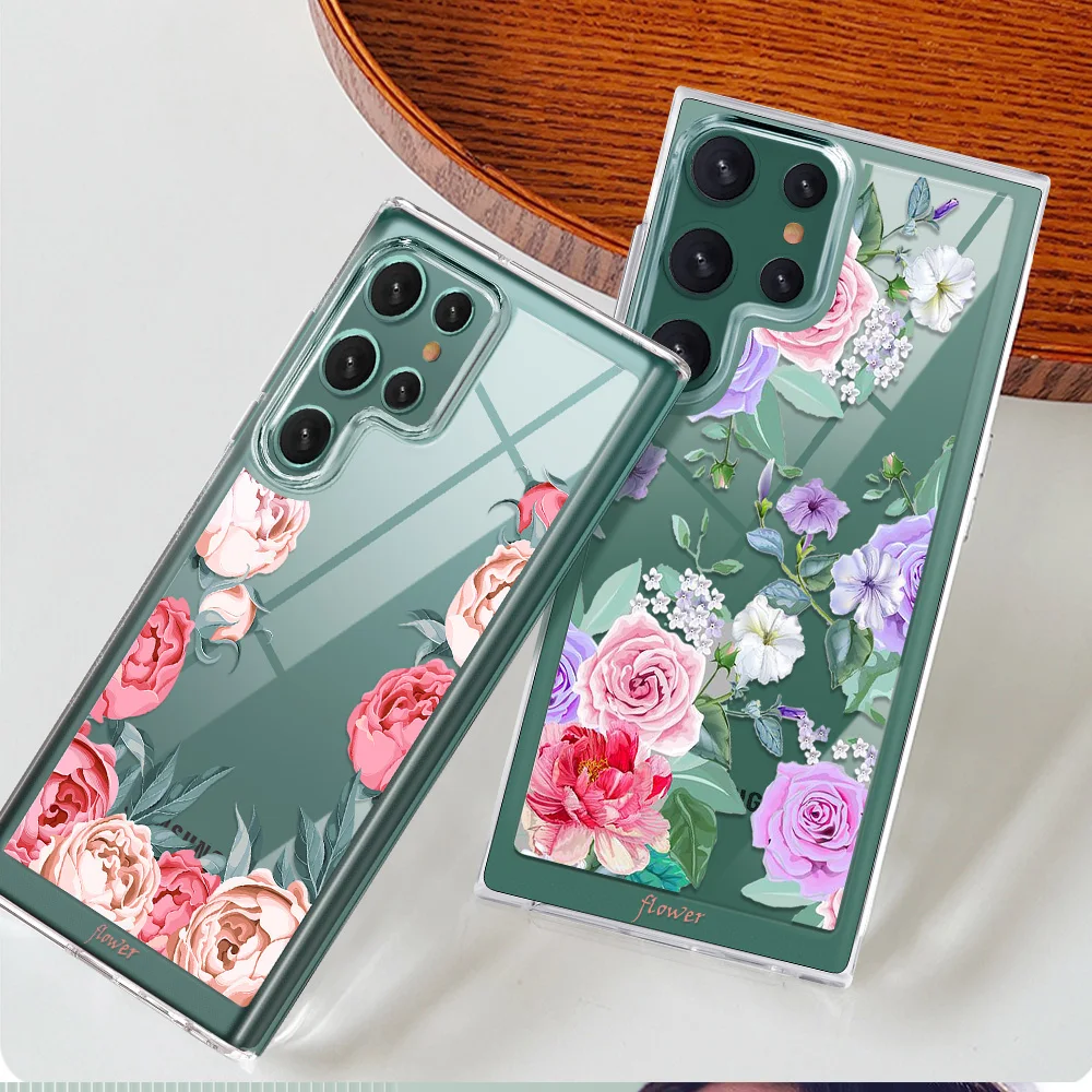

Phone Case for SAMSUNG Galaxy S22Ultra S22 Back Shell Covers Flower Fundas for Samsung S22Plus Transparent PC+TPU Luxury Coque