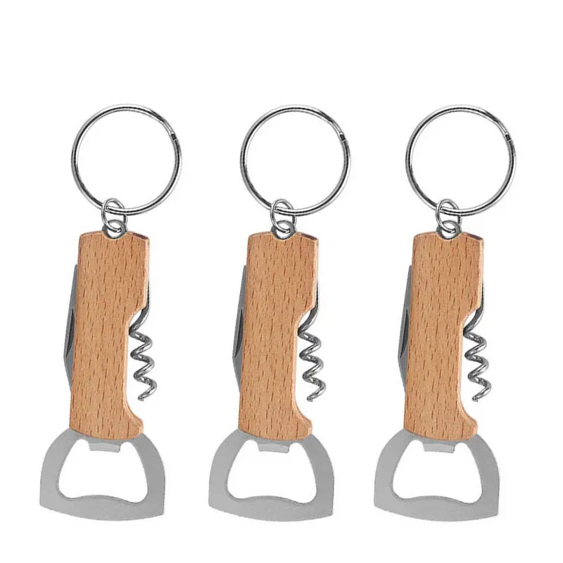 5Pcs Keychain Beer Bottle Opener Stainless Steel Multifunctional Wooden Handle Corkscrew Wine Opener Bar Party Accessories