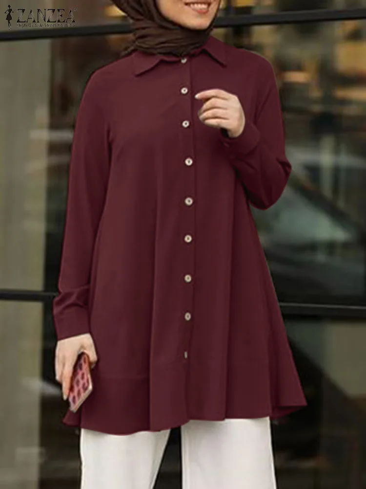

Осенняя Модная рубашка ZANZEA для женщин, мусульманская Рамадан, Турецкая блузка, винтажный воротник с лацканами и длинным рукавом, однотонные топы, Исламская одежда, блузы