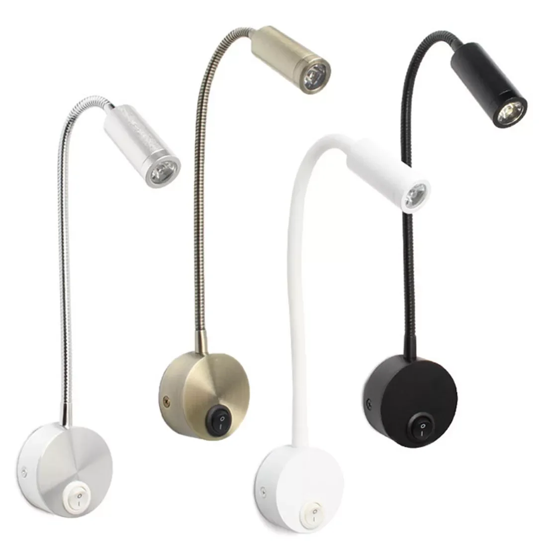 

3W LED Reading Light Black White Silver Gooseneck Wall Lamp for Bed Headboard Desk 4000K Bedside Switch LED Night Lamp