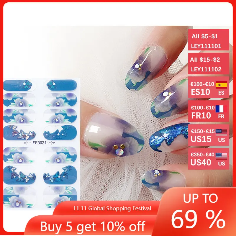 

14 насадок, акварельные наклейки для ногтей, морской синий гель, фотоэлемент для маникюра, полностью блестящие 3D Декоративные наклейки для д...