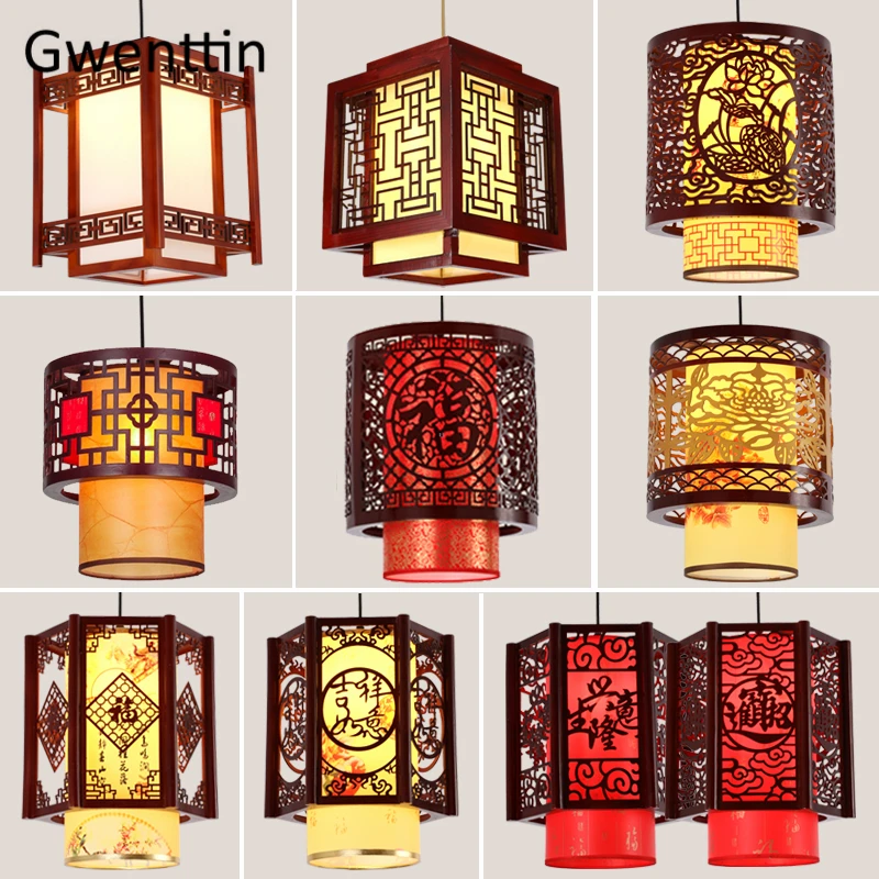 Chinese Style Antique Wood Pendant Lights Restaurant Dining Room Hanging Lamp LED Lighting Fixtures Living Home Decor Luminaire
