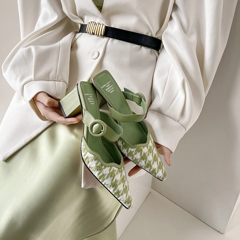 

2022 Summer Women Shoes Cotton Fabric Shoes Women Covered Toe Chunky Heel Mules Slingback Women Sandals Shoe for Women Sandals