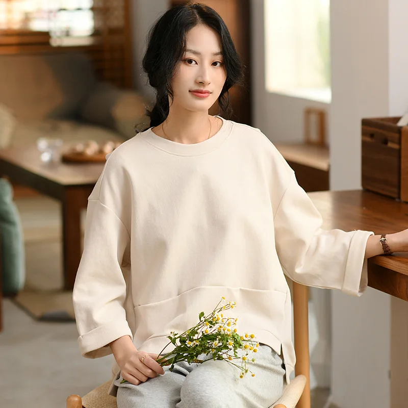 

Literary Fan Ladies Hoodless Sweatshirt Harajuku Top Split Design Women Sweatshirt Round Neck Long Sleeve Pullover