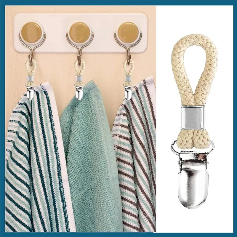 

4Pcs Towel Clips Bathroom Laundry Storage Towel Clip Kitchen Rag Clips Braided Cotton Loop Towel Clip with Metal Clamp for Home
