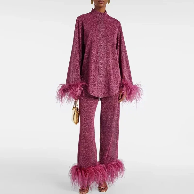 Элегантный женский наряд весенняя рубашка на пуговицах и брюки пижама из 2