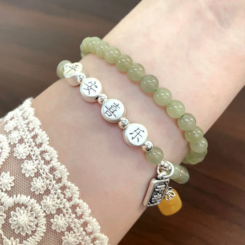 s925Стерлингового серебра Peace Joy Пчелиный воск Зеленый нефритовый браслет из двух