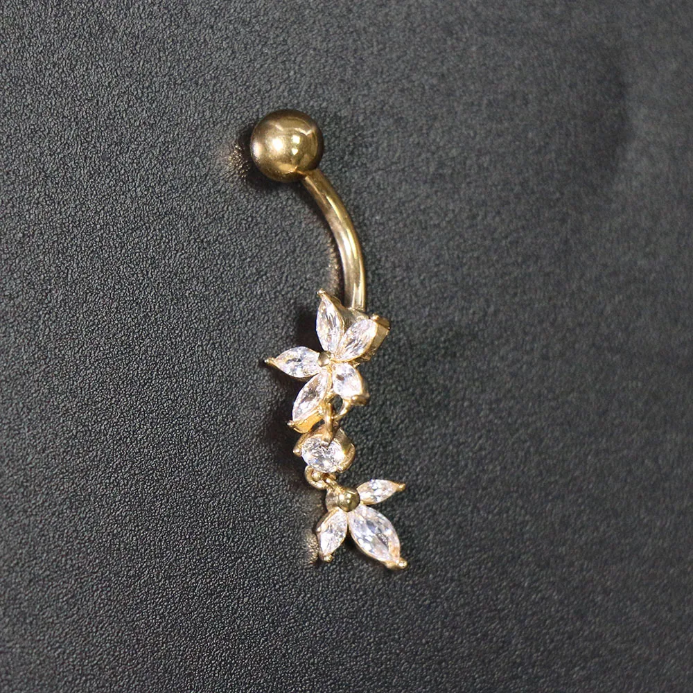 

14G Stainless Steel Gold Flower CZ Zircon Crystal Gem Belly Button Rings Navel Bars Stud Piercing