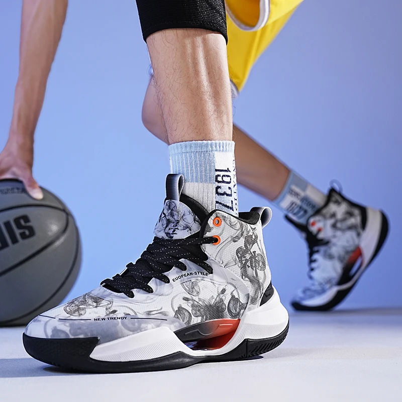 QQ-22701 Basketball Shoes for Men Lace-Up High Top Sneakers Mens Retro Basketball Shoes Breathable Trend Men Sneakers