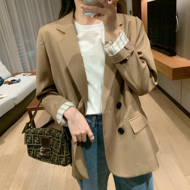 

Women Korean Khaki Office Blazer Solid Colors Single Breasted Commute Suit 2021 Spring Autumn New Fashion Indie Aesthetic Blazer