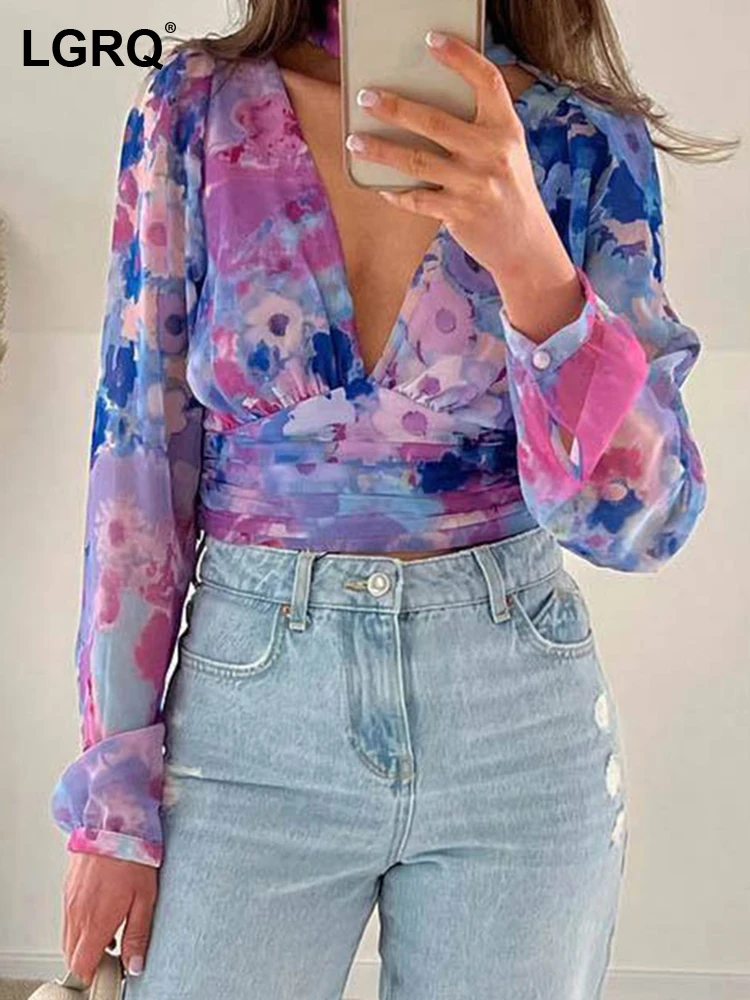 

Женская Свободная блузка с принтом, V-образным вырезом и длинным рукавом