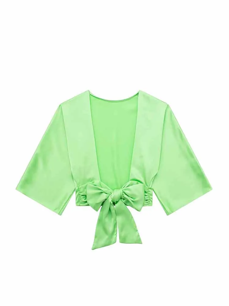 

BSK&ZA&TRF Women 2023 New Fashion Bowknot decoration Satin texture Cropped Blouses Long Sleeve Female Shirts Chic Tops 3392/845