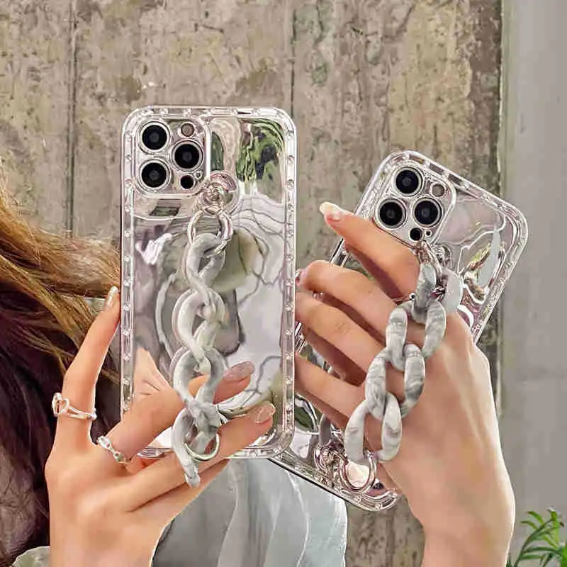 

Marble Pattern with Chain iPhone Case, Girls Women Shockproof Silicone Soft Cover, Protective Bumper Case for iPhone