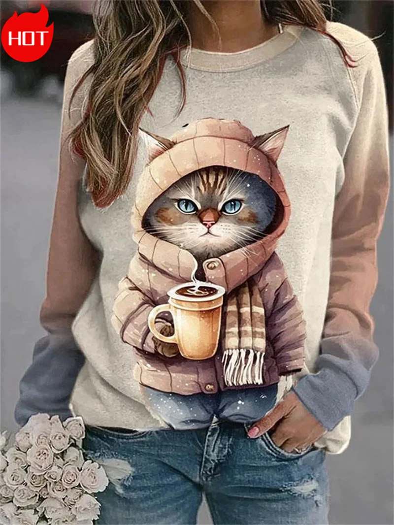Harajuku 3D Cute Rabbit Printed Sweatshirts Funny Coffee Little Cats Graphic New In Sweaters Women Fashion Crewneck