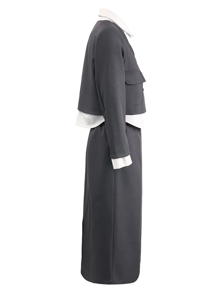 [EAM] Серая куртка с цветными блоками юбка до половины тела костюм из двух