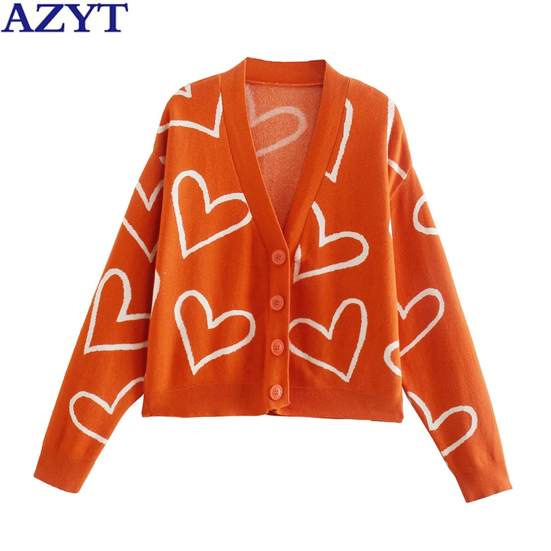 

AZYT 2022 Spring Autumn V Neck Knit Cardigan Female Fashion Print Single-Breasted Women's Sweater Coat Casual Knitwear Tops