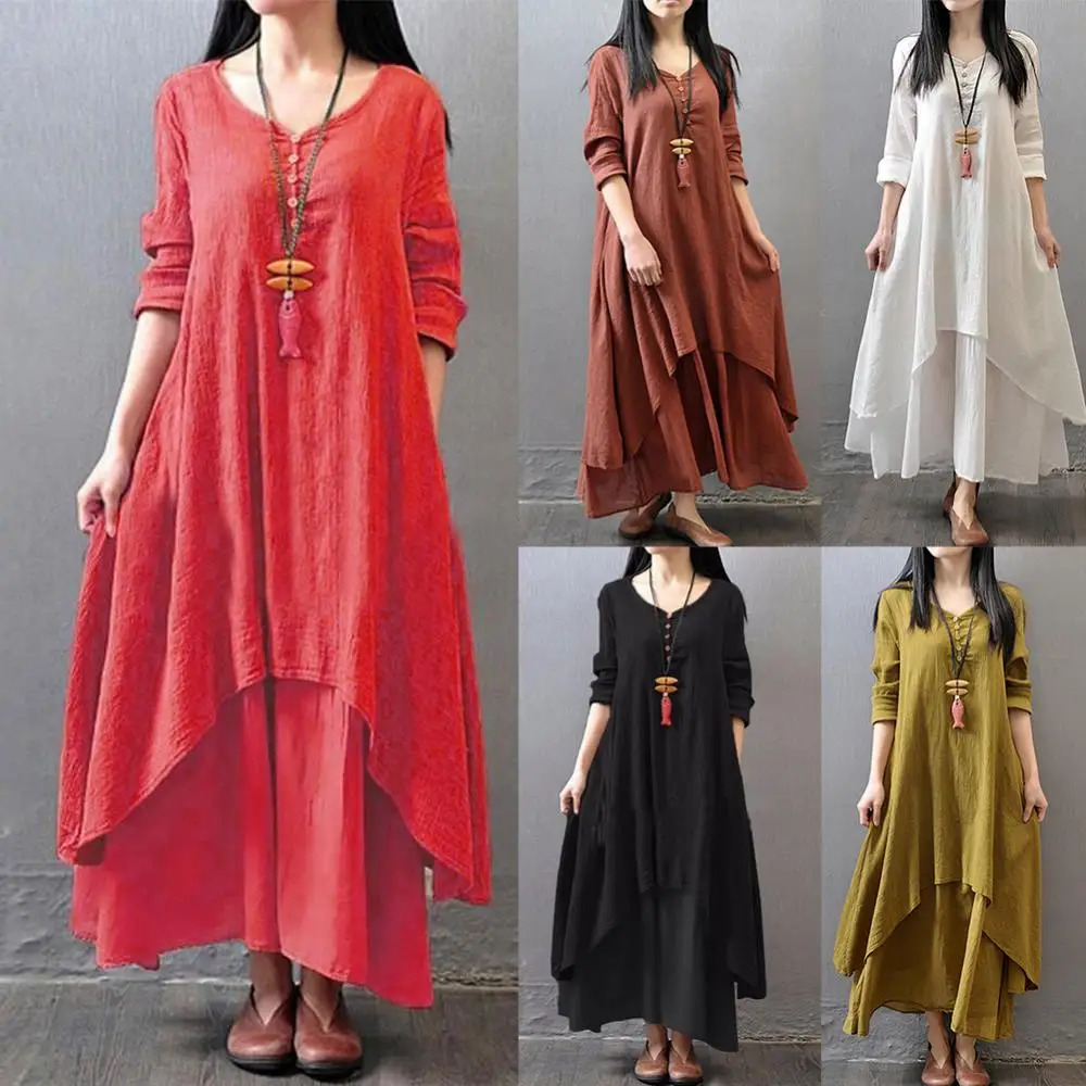 

Elegant Women Fashion Casual Cotton And Linen Dresses Solid Color Long Sleeve Baggy Loose Layered Lady Party Long Maxi Dress