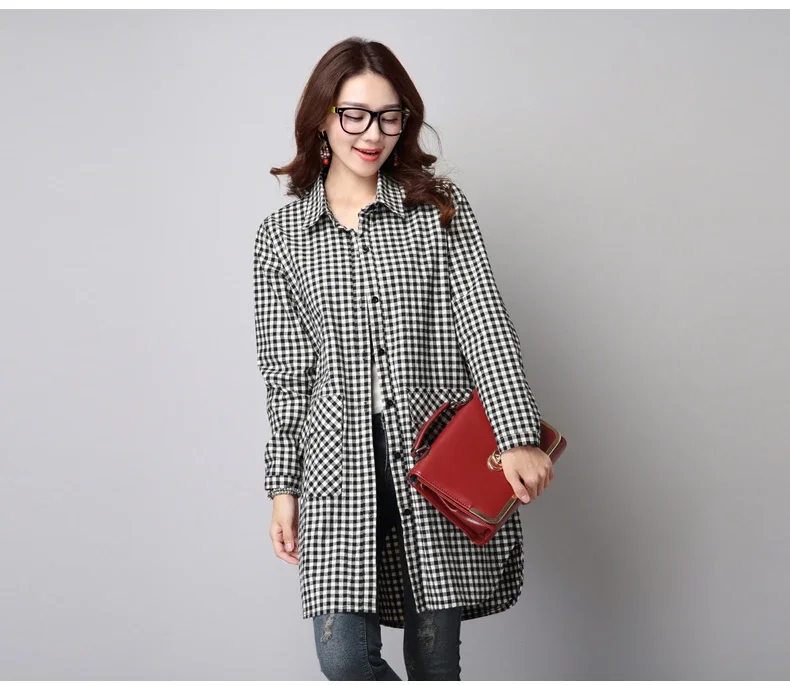 Модная свободная Асимметричная клетчатая рубашка с отложным воротником и