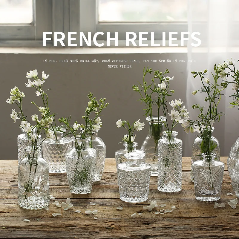 

Retro Relief Transparent Glass Vase Home Decoration Luxury Hydroponic Terrarium Arrangement Container Flower Table Vase Pot