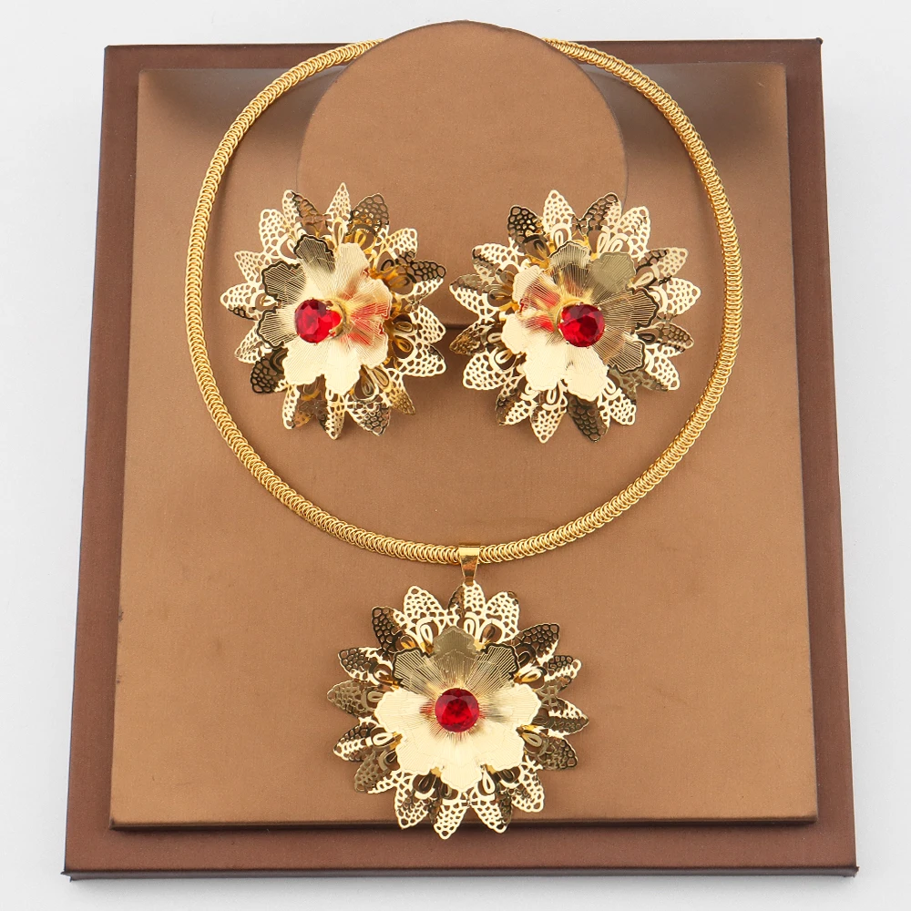 

Drop Earrings Jewelry Sets for Women Red Crystal Stone Necklace 18K Gold Color Flower African Nigeria Jewelry Wedding Party Gift