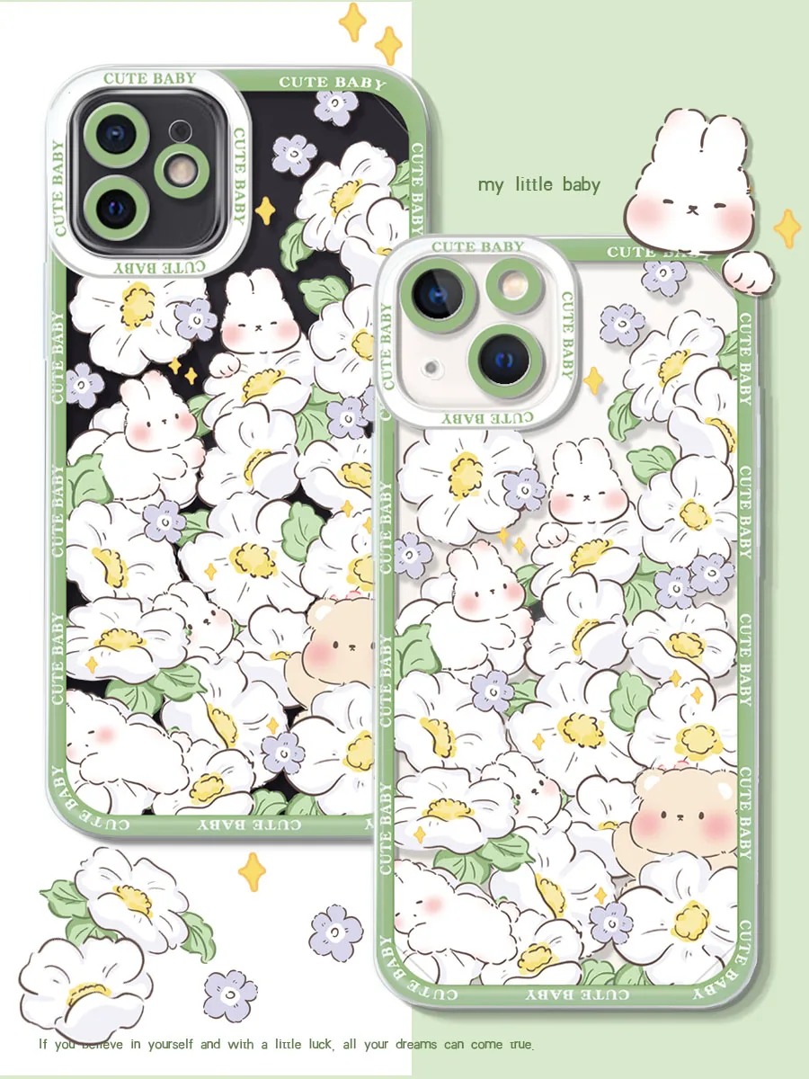 

Cartoon Cute Rabbit Phone Case For IPhone 14Pro Max 13Plus 12 11 X XR/XS INS Style Transparent Flower Silicone Shockproof Cover