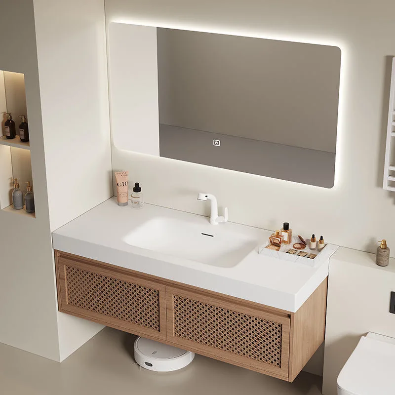 Фото Комплект мебели для ванной комнаты Corian: тумба с интегрированной раковиной в стиле ретро из ротанга, умывальник из массива дерева №2