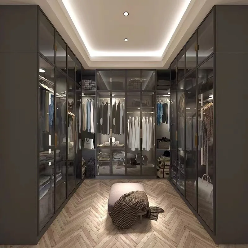 

Light Luxury Wardrobe Glass Door Bedroom Household Wardrobe Cloakroom Cabinet Combination