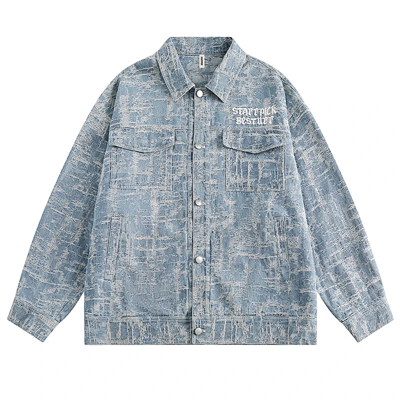 

Autumn Oversize Vintage Denim Jacket Men Jacquard Cowboy Baggy Coat Fashion Korean Street Washed Jean Outerwear Clothing Male