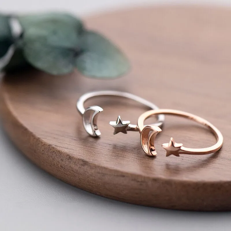 

Trendy 925 Sterling Silver Moon Star Open Adjustable Finger Rings Couple Rose Gold Color Fine Jewelry for Women Men Wedding Gift