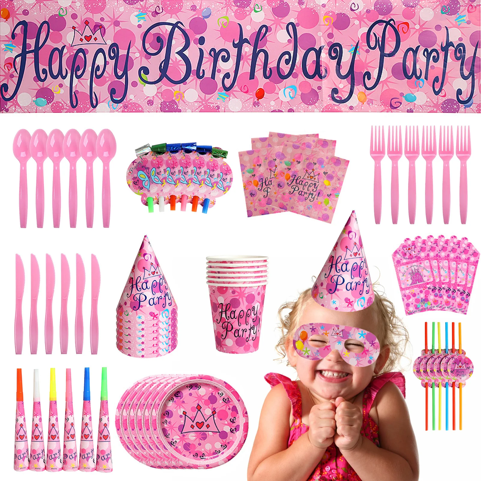 

Happy Birthday Theme Party Supplies Party Tableware Kit Banner Spoons Forks Knives Plates Cups Napkins Eye Covers