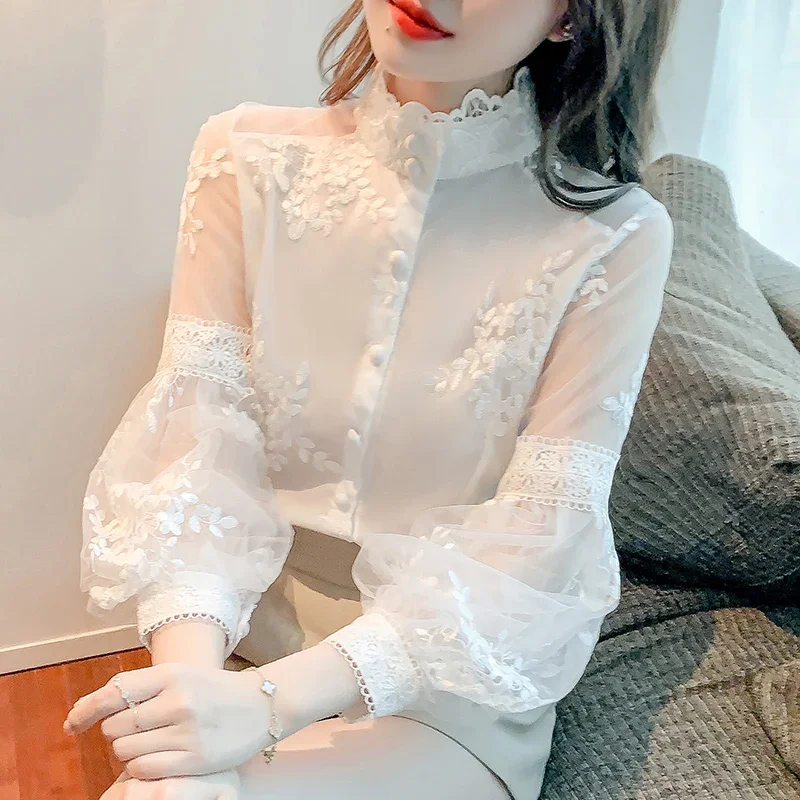 

Chiffon Women's Shirt Loose Embroidery Casual Blouses Spring/Summer Lace Clothing Long Sleeve O-Neck Fashion Tops YCMYUNYAN