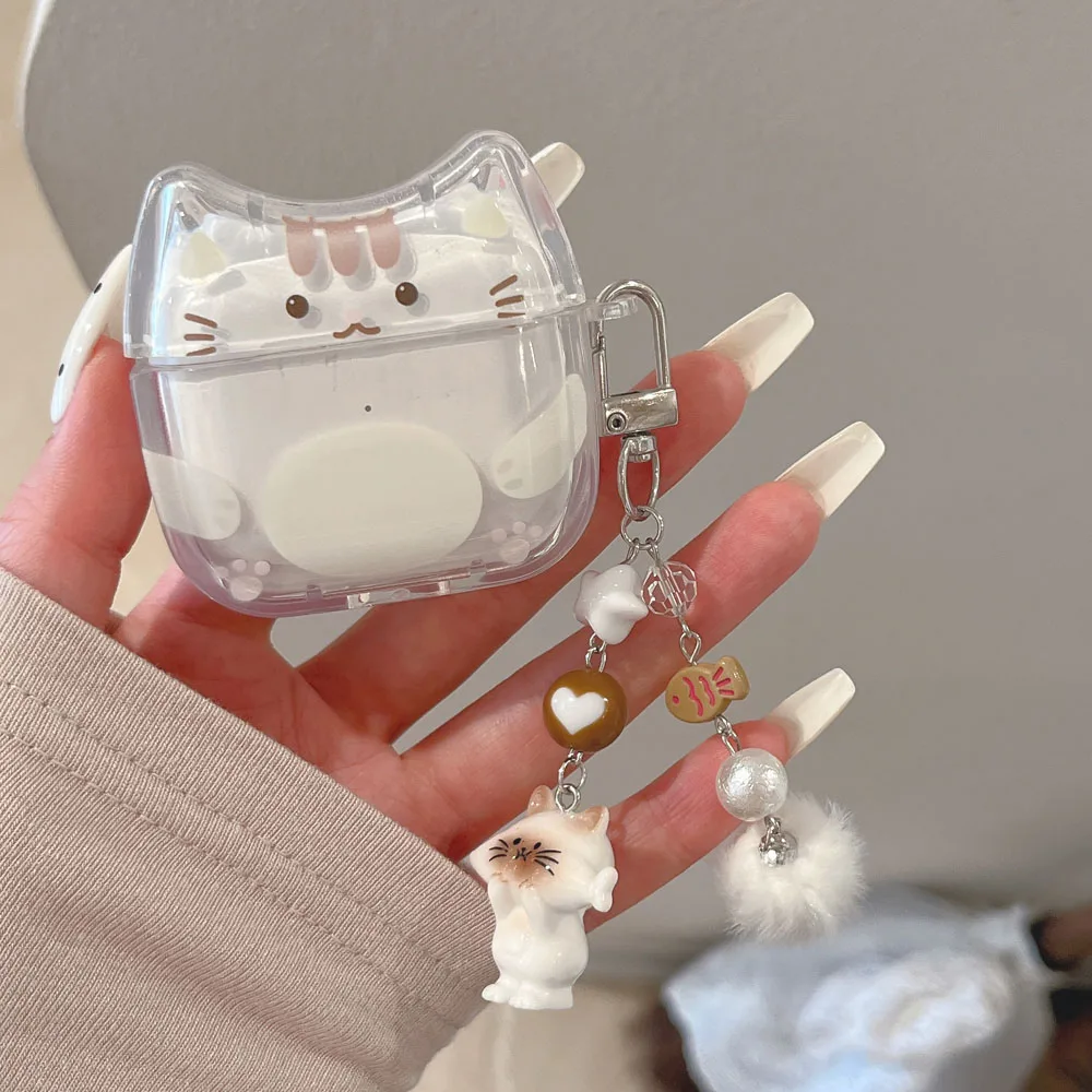 Фото Прозрачный мягкий синий чехол для AirPods Pro 2 3 4 1, Bluetooth-бокс, чехол для AirPods Pro3 с 3D-ушками кошки, брелок с меховым шариком в виде котенка №2