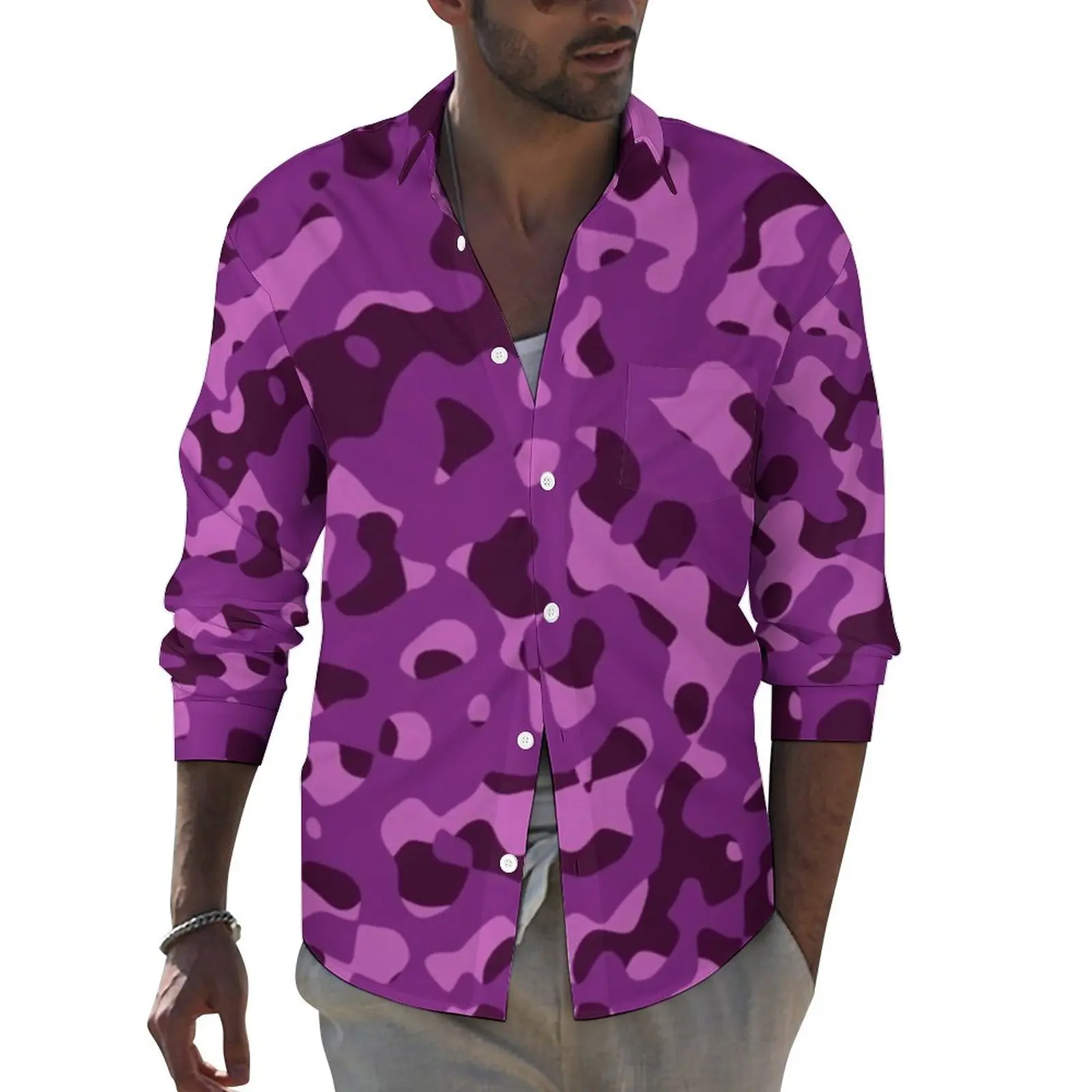 

Abstract Camo Print Shirt Male Purple Camouflage Casual Shirts Spring Harajuku Blouses Long Sleeve Loose Oversized Clothing Gift