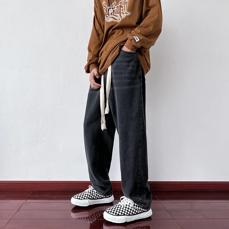 White Blue Black Baggy Jeans Men Fashion Drawstring Casual Straight Jeans Men Streetwear Korean Loose Denim Pants Mens Trousers