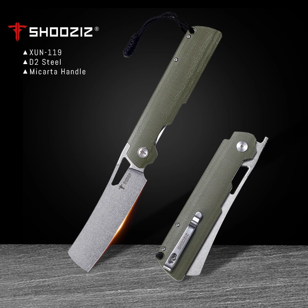 Фото Складной походный нож Shooziz, карманный нож для мужчин, лезвие D2 Satin/Stomewash, латунная шайба для уличного инструмента EDC, ручка G10/Micarta №1