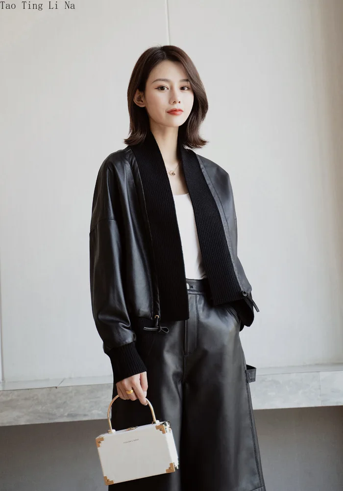 2022 Temperament Cotton Leather Jacket Scarf Collar Matte Texture OL Spring and Autumn Leather Jacket W1