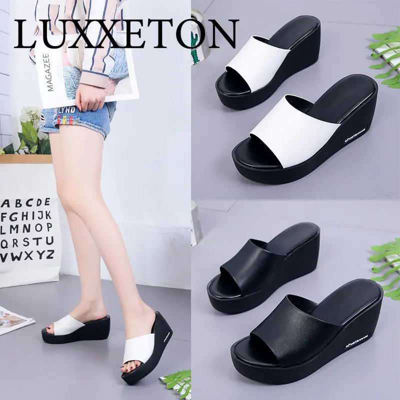Thick Bottom Slope with Fish Mouth Sandals Women Korean Version Wear One-word Non-slip Sponge Cake Slippers Shoes